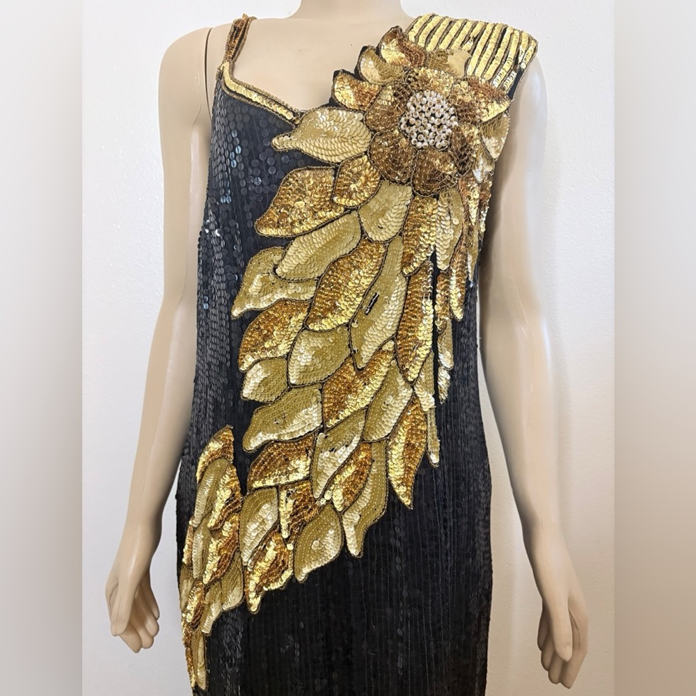 Vintage Black and Gold Sequin 100% Silk Dress